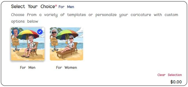 Screenshot showing "Select Your Choice For Men" with two caricature templates: one for men (selected) and one for women, offering personalization options.